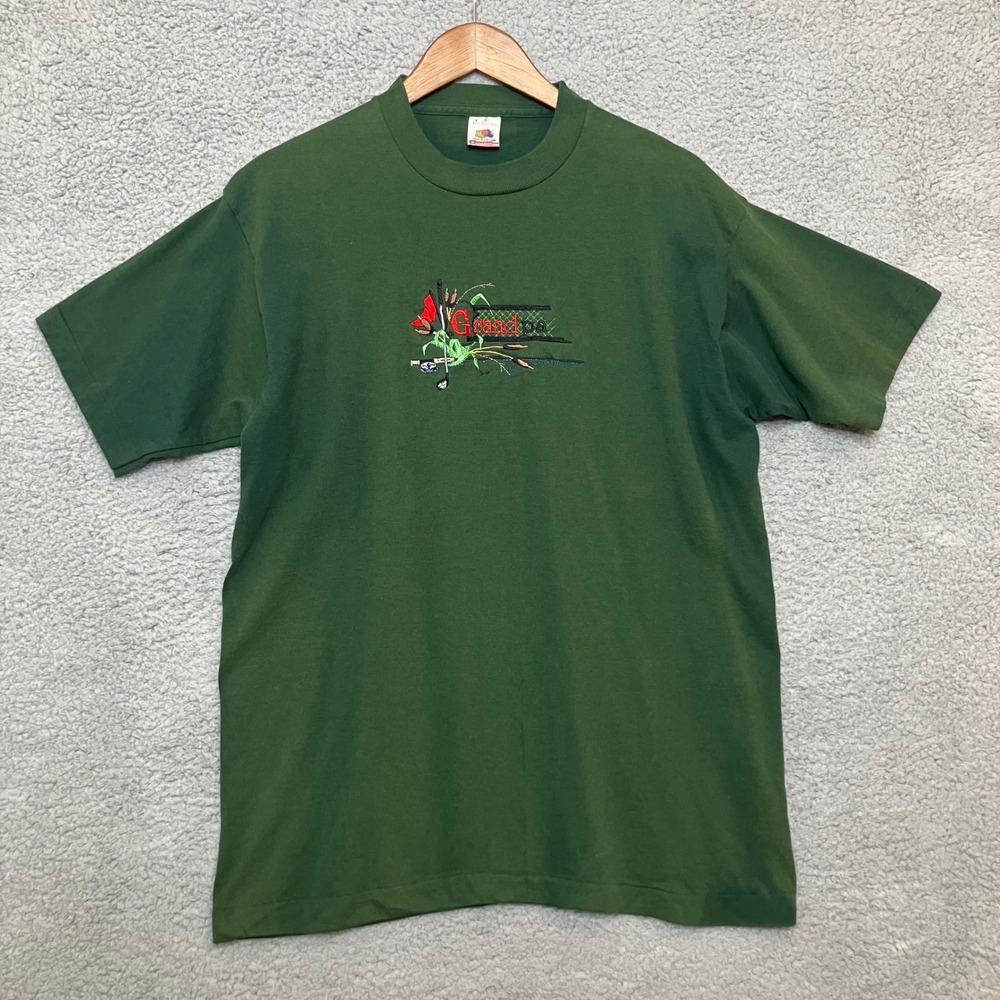 VTG Fruit of the Loom T-Shirt Mens L Green Grandpa Fishing Golf Short Sleeve USA